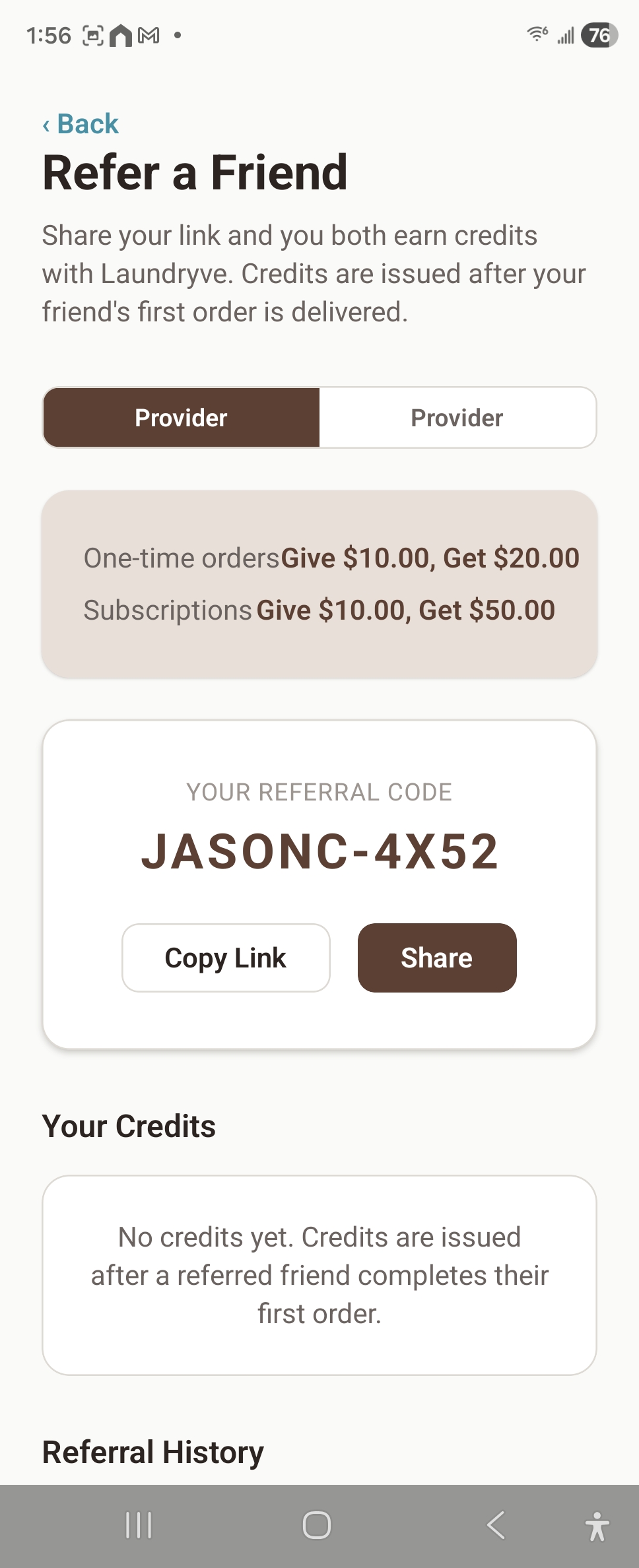 Referral sharing screenshot