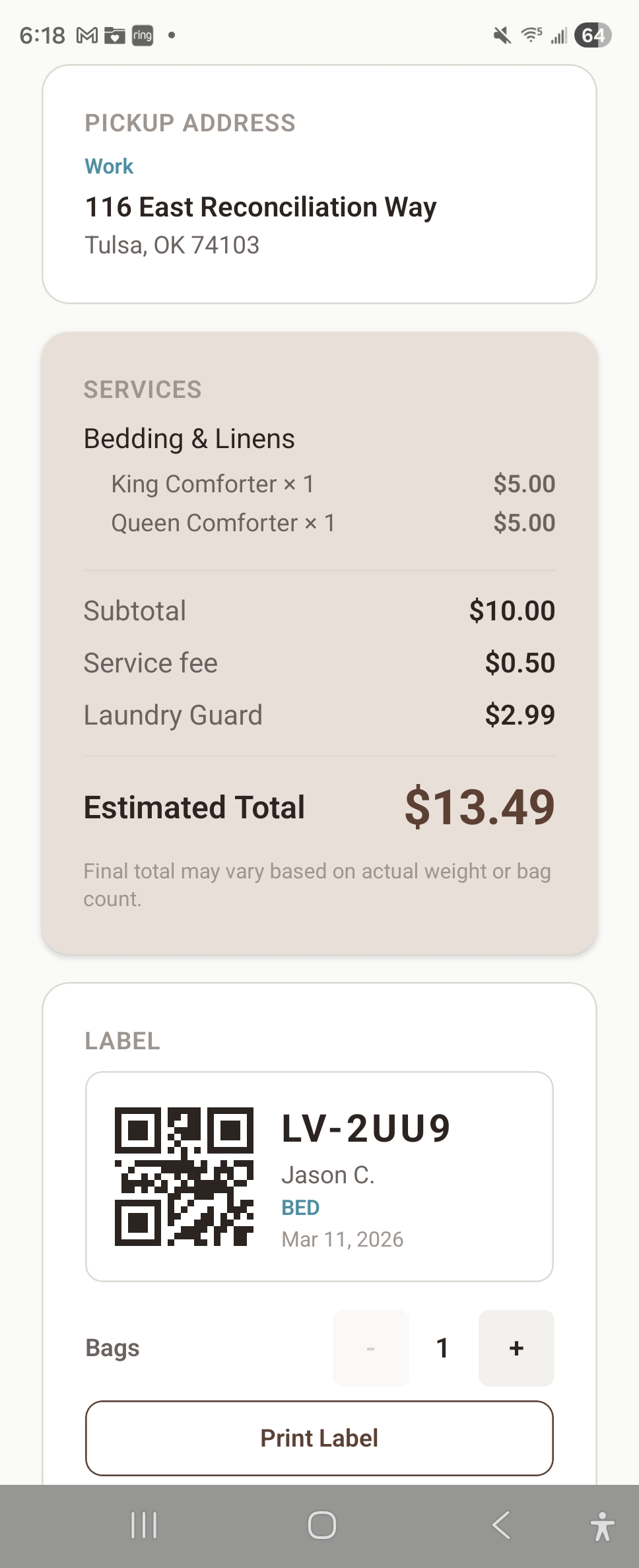 Label printing and scanning screenshot